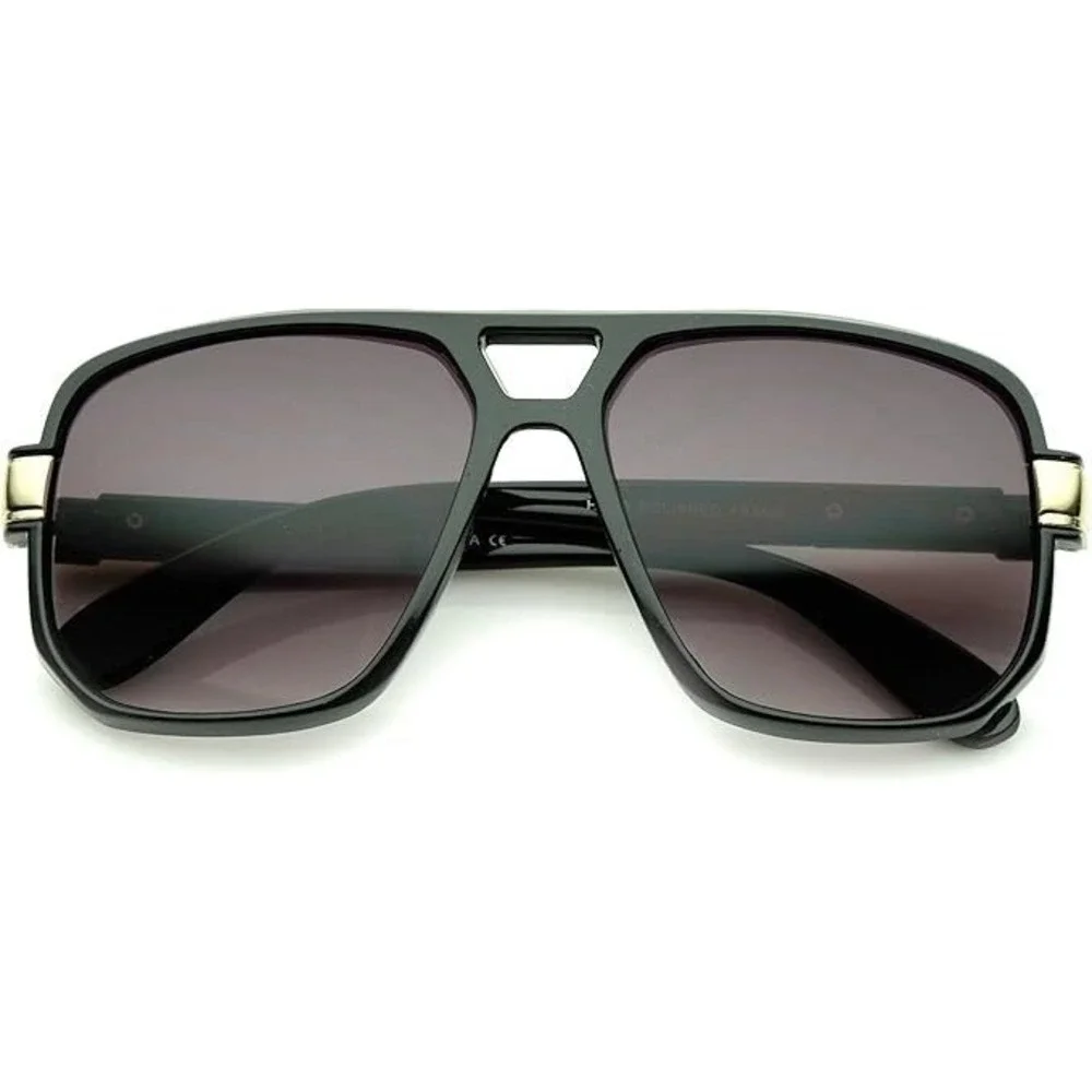 Aviator Classic Flat Top Metal Accented Temples Black Lens Square Glasses Lentes